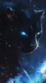 Cosmic panther portrait with glowing electric blue eyes.