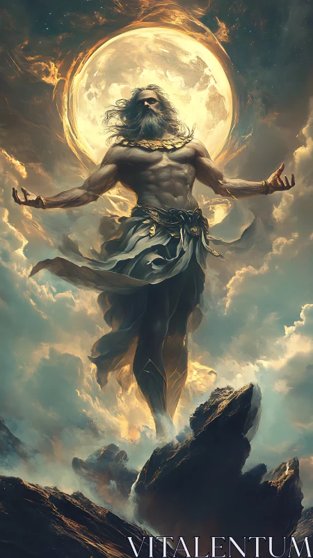 Sky god ascends before blazing lunar halo, stormborn power.