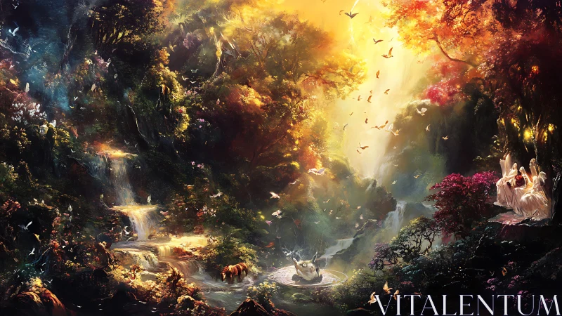 Enchanted forest sanctuary under radiant celestial light.