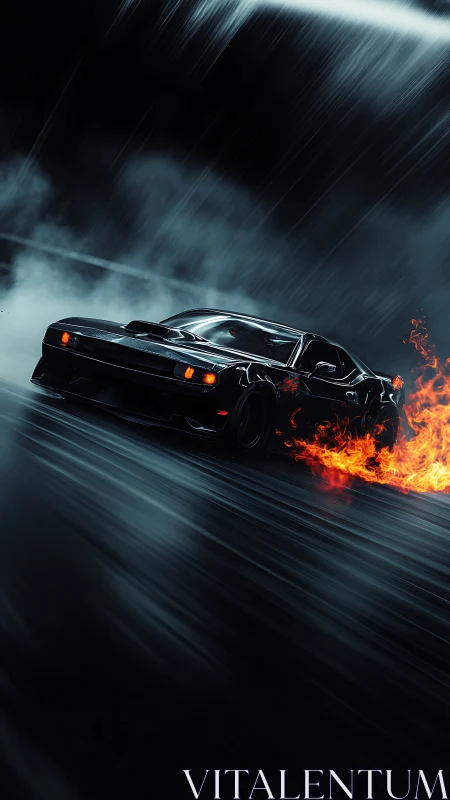 Black sports car drifts in rain with flaming rear tires