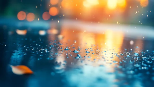 Rain droplets shimmer on pavement under warm city bokeh.