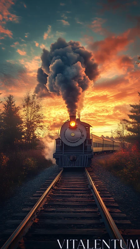 Golden hour steam train rolling into a storybook sunset.
