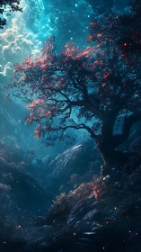 Starlit hillside tree glowing under a dreamy night sky.