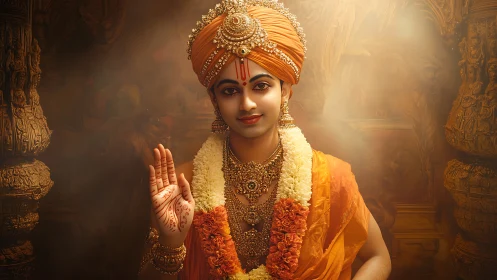 Serene saffron monarch offering blessing in temple glow.