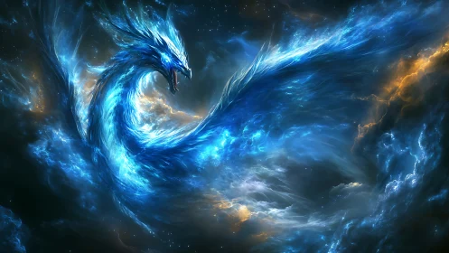 Celestial blue dragon emerges from swirling cosmic nebula.