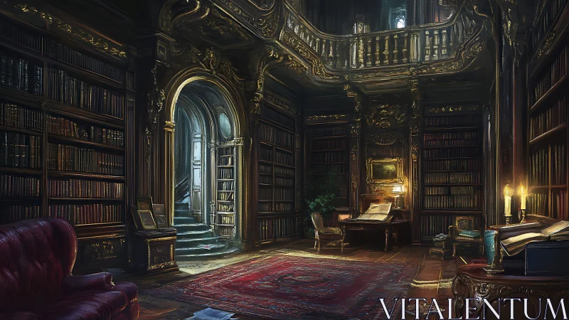 Lavish old-world library glows with warm candlelit mystery