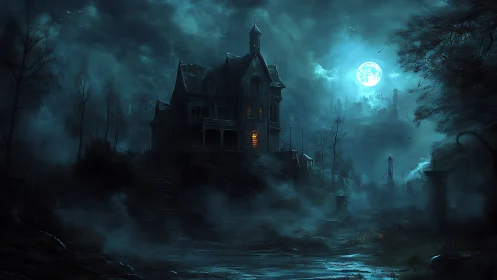 Gothic manor under moonlit fog in dark fantasy digital painting.