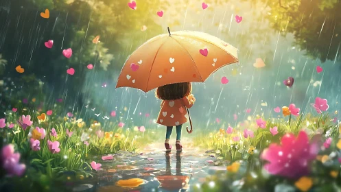 Child in luminous rain garden under heart-speckled umbrella.