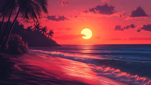 Chromatic tropical shoreline under saturated digital sunset.