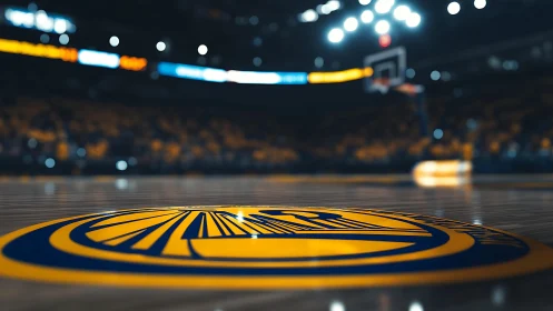 Basketball court logo gleams beneath arena lights at night.