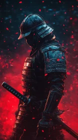 Armored samurai profile in volumetric red backlight and particle field