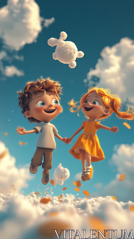 Children Flying Through Clouds Against Blue Sky. Joy