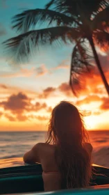 Sunlit beach traveler watching vivid tropical sunset glow.