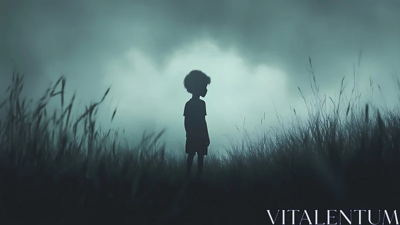 Silhouetted child in misty twilight grassland with storm clouds