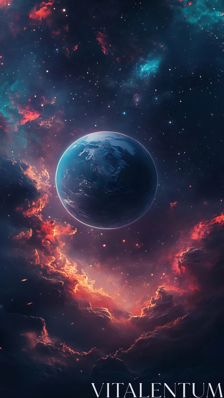 Earthlike planet floats above glowing red nebula clouds