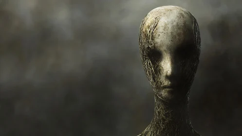 Eroded faceless figure emerges from muted smoky void.