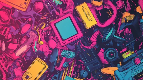 Neon retro gadgets collide in dense digital chaos.