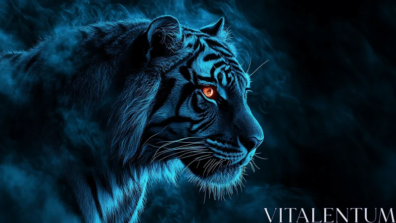 Midnight blue tiger gazes ahead with vivid ember eyes