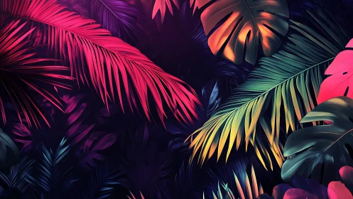 Neon tropical foliage in layered digital illustration.