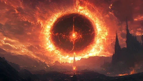 Molten sky sphere above dark volcanic terrain at dusk.