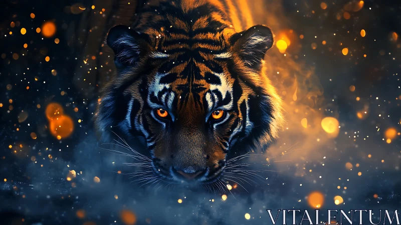 Fiery eyed tiger stalks forward in glowing dusk scene.