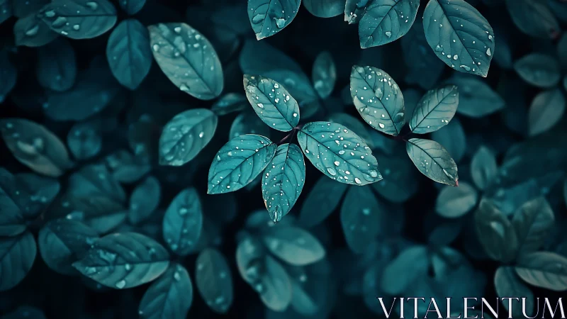 Raindrop kissed teal leaves in a calm forest hush.