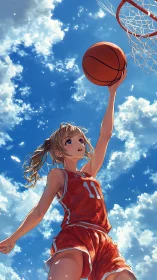 Anime basketball girl soaring toward hoop under sky.