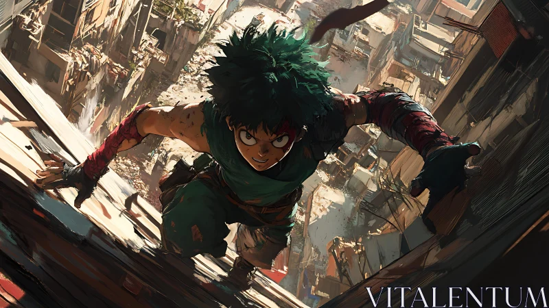 Green-haired fighter scaling urban ruins in dynamic view.
