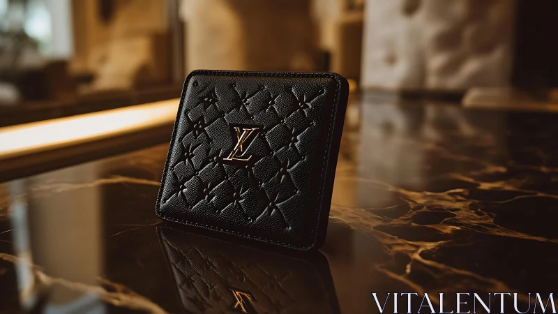 Luxury black leather wallet on reflective marble surface.