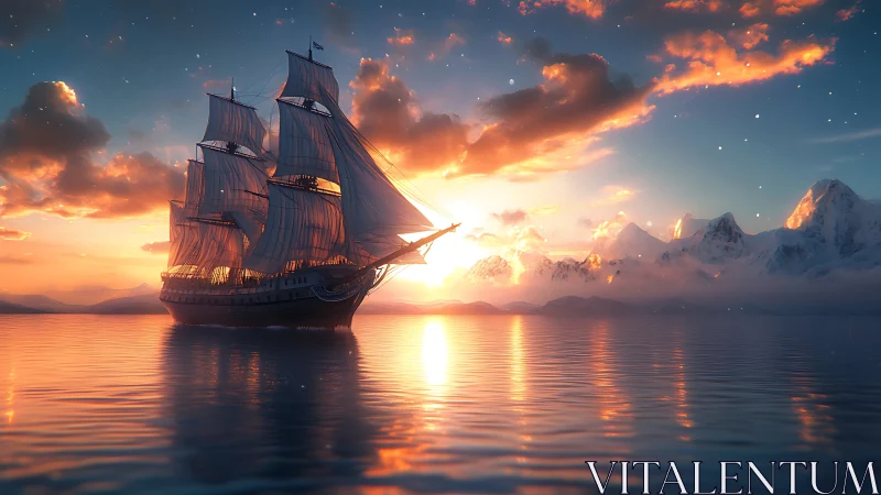 Tall ship on calm sea with sunset and distant snowy peaks.
