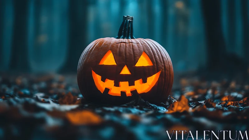 Illuminated carved pumpkin in dim woodland setting at dusk.