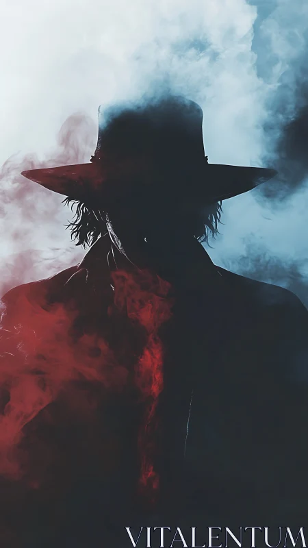 Silhouetted cowboy in red and blue smoke haze at night.