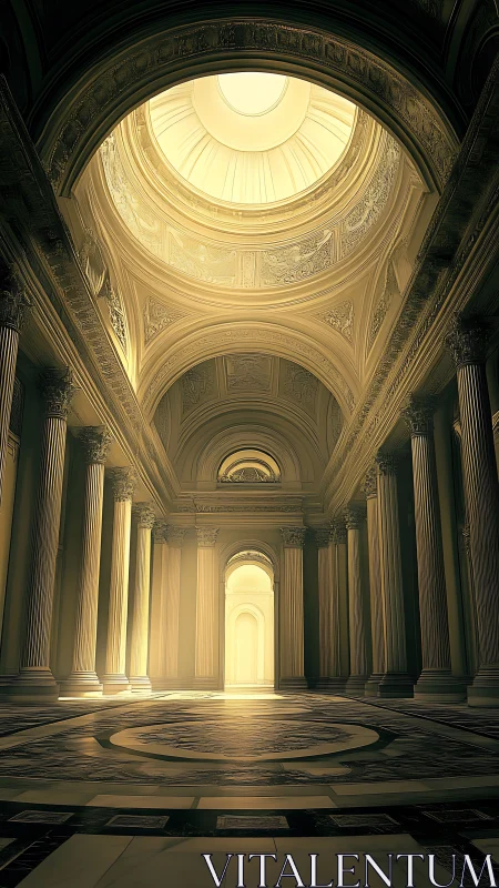 Neoclassical vaulted hall with luminous oculus and colonnades.