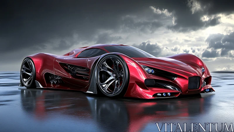 Futuristic red hypercar slices across a wet reflective runway
