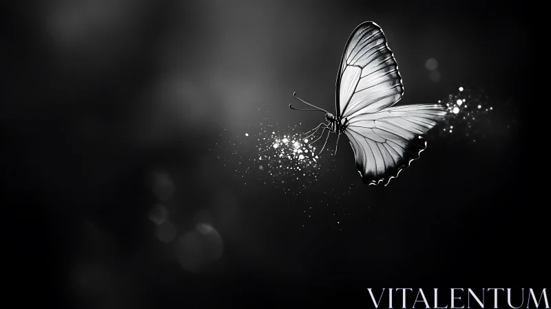 Monochrome butterfly glides through luminous drifting stardust