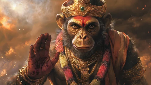 Sunlit simian deity in war-torn saffron skies blessing viewers.