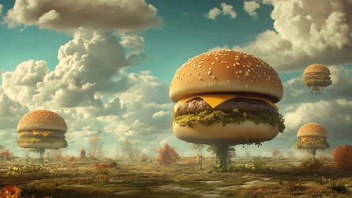 Floating burger islands bringing playful magic to the sky.
