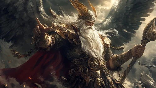 Winged warlord in ornate golden armor commanding storms.