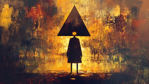 Mysterious triangle-headed figure glows softly in painted light