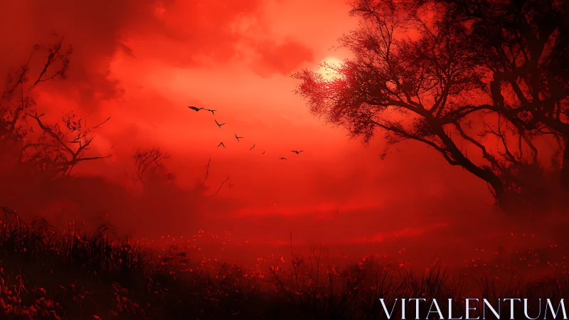 Red-tinted landscape depicts silhouetted trees and distant birds