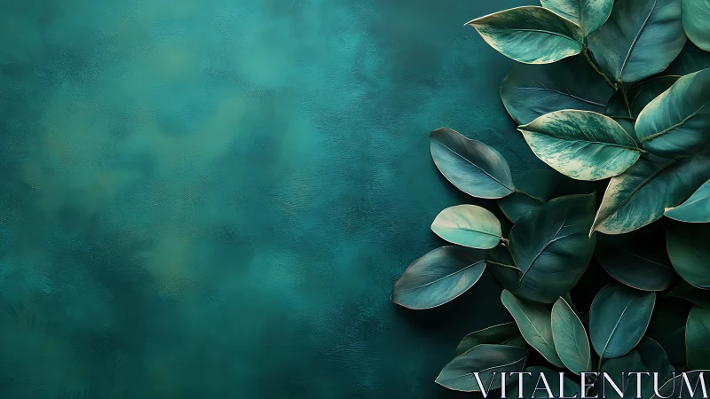 Teal botanical leaves rest over softly textured background.