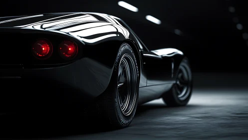 Photorealistic low-key rear profile of sleek black supercar.