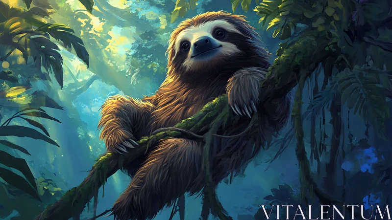 Digital sloth resting on mossy jungle branch at dusk.