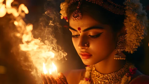Incense lit portrait isolates ritual jewelry in warm bokeh