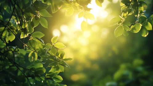 Sunlit Green Leaves in Morning Forest, Soft Focus Nature Scene.
