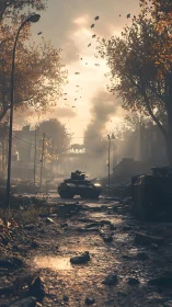 Armored vehicle in damp urban street under overcast sky.