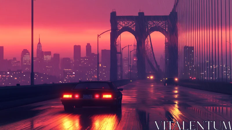 Retro sports car crosses neon city bridge at rainy dusk.