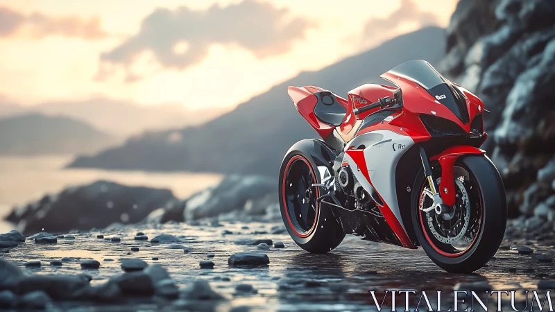 Red sports motorcycle on wet coastal mountain road at dusk.