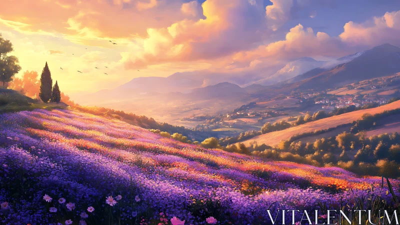 Sunlit lavender hills over valley at glowing sunset.