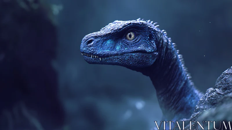 Blue raptor watches silently in a misty prehistoric forest